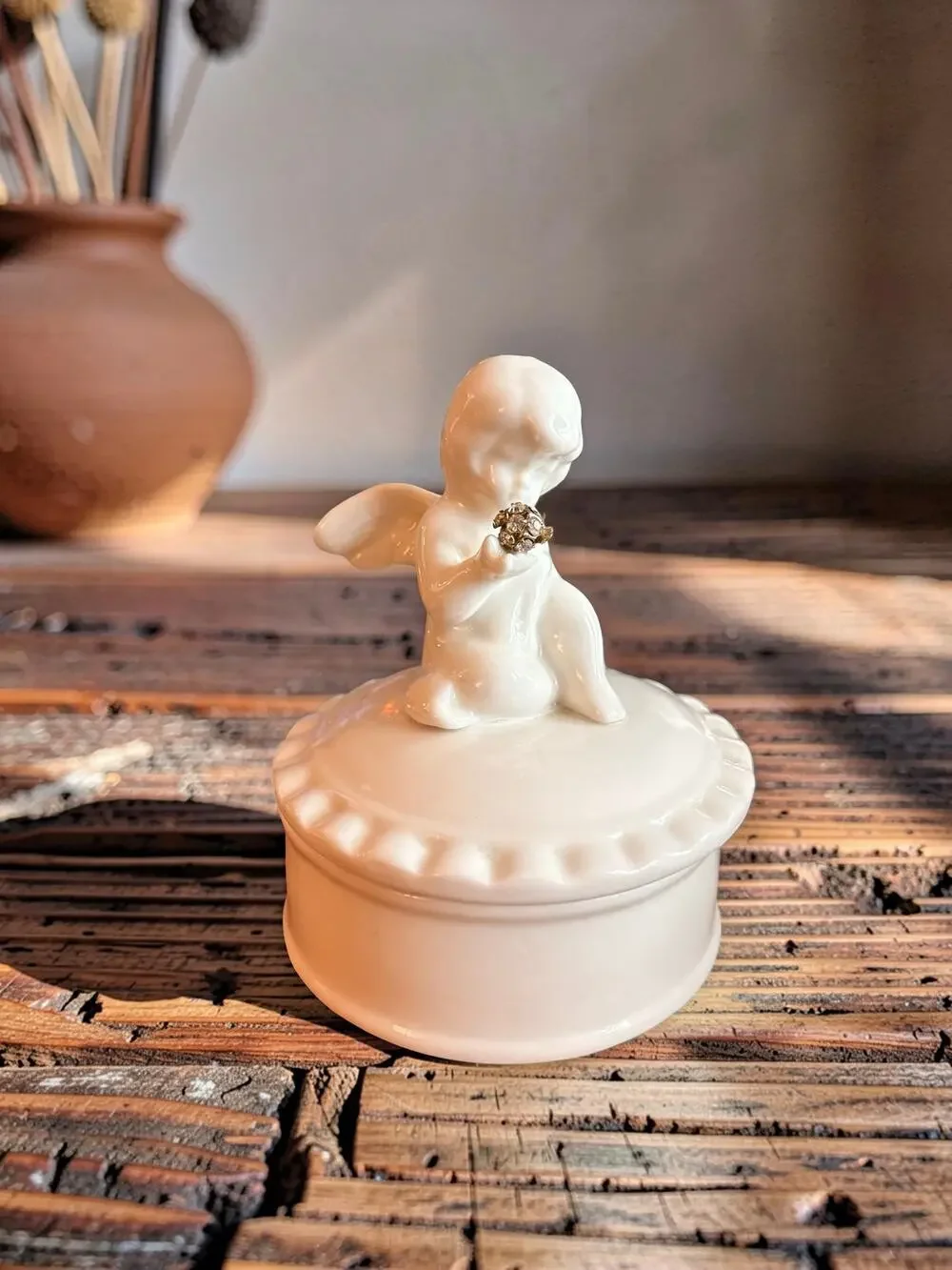 Vintage White Porcelain Cherub Trinket Box | Angel Jewelry Box/Rhinestone Flower